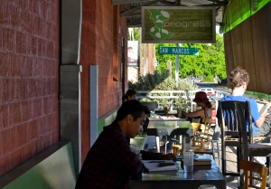 The balcony patio at Progress Coffee in Austin, Texas